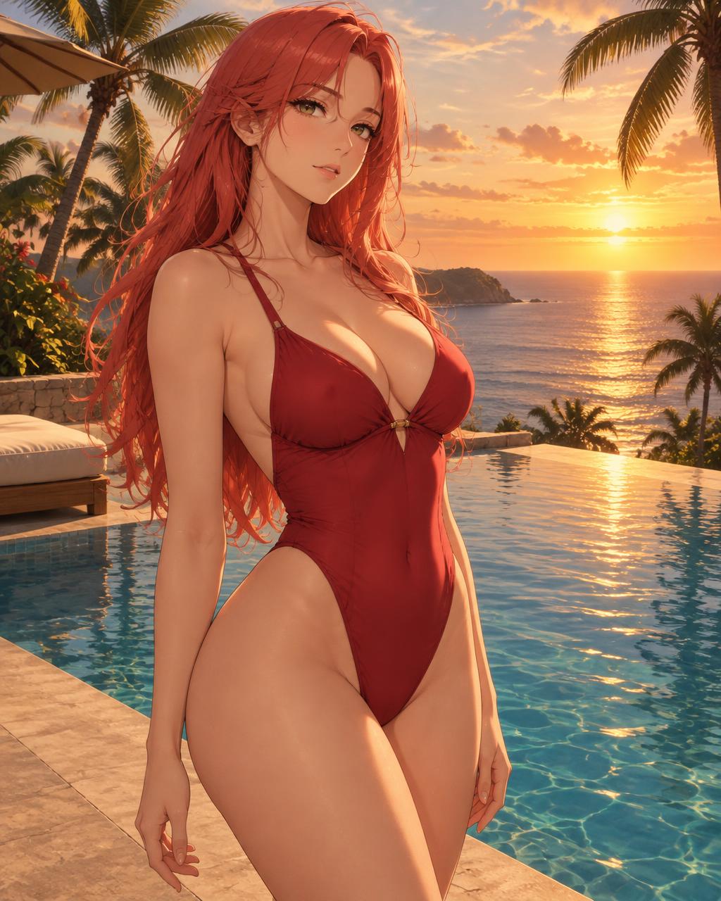 Akira, an anime companion at a tropical infinity pool